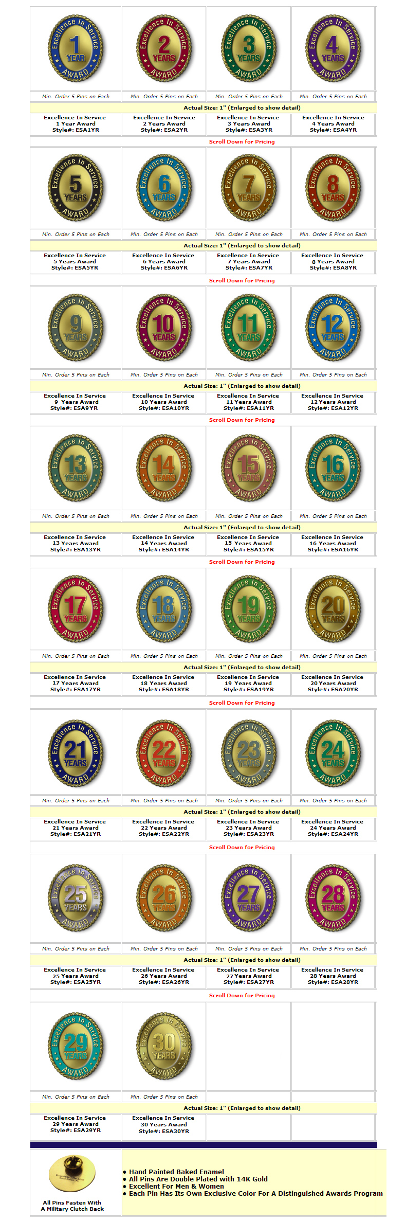 Custom Excellence in Service Pins 
